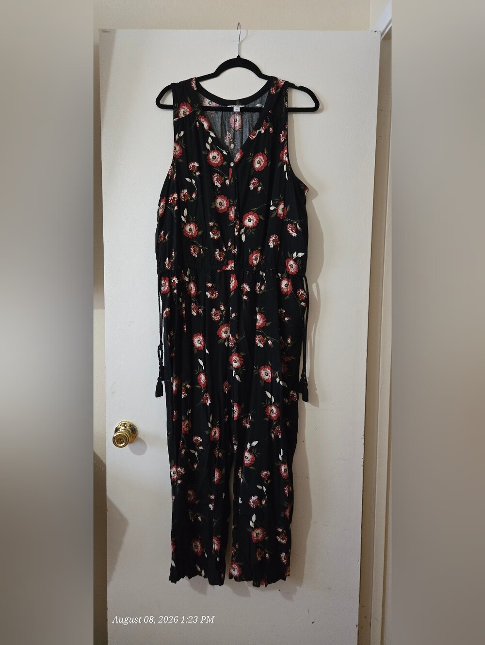 Sonoma Women’s Black Floral Sleeveless Pantsuit with Red Flowers